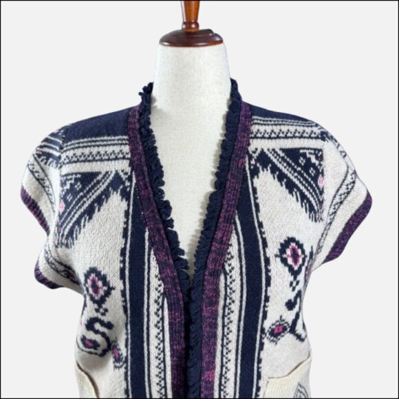 Anthropologie Angel of the North Wool Beige Plum Fringe Poncho Vest Cardigan - Picture 3 of 13